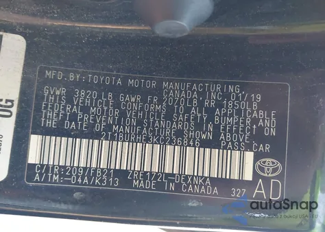 2019 Toyota Corolla Le from USA, damaged, VIN 2T1BURHE3KC236846